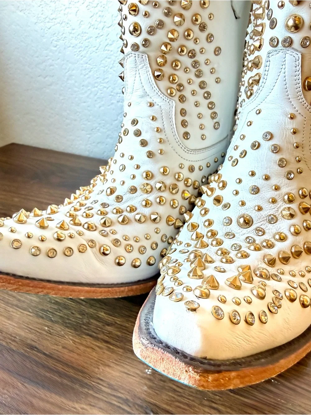 White Studded Lane Boots Dolly Western Ankle Boots with Gold Accents